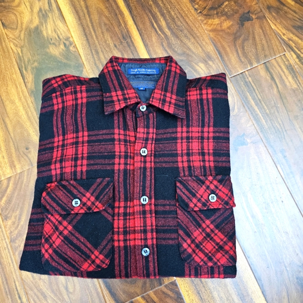 Woodland Vintage 80s Wool Blend Medium Plaid Flannel Shirt Red Black Button Up